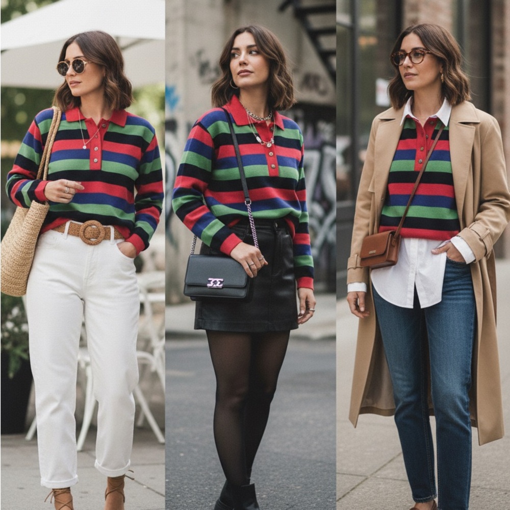Vintage Colorful Clowncore Striped Long Sleeve Polo Sweater